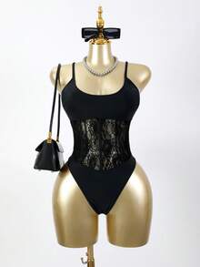 Swim SXY Women's Lace Patchwork Sexy Backless Spaghetti Strap One-Piece Swimsuit - Black - View 6