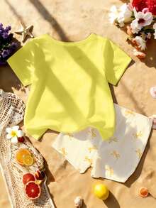 SHEIN Baby Girls Spring And Summer Casual Fashion Creative Personalized Refreshing Cute Minimalist Lemon Flower Yellow Pink Bow Star Yellow Striped Pattern Letter Slogan Print Casual Basic Short T-Shirt + Bike Shorts Set, Comfortable Daily Wear, Suitable For Spring, Summer And Autumn For Baby Girls - Multicolor - View 2