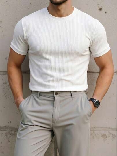Manfinity Bizformal Men's White Ribbed Pit Texture Fabric Vertical Weave Slimming Round-Neck T-Shirt - Slimming Style/Men's Slim Fit Ribbed Knit Tee Shirt Solid Color Short Sleeve Round Neck Casual Top/Cream Shirt Men/Men's Solid Color Rib Knit T-Shirt, Men's White T-Shirt, Men's Business T-Shirt,