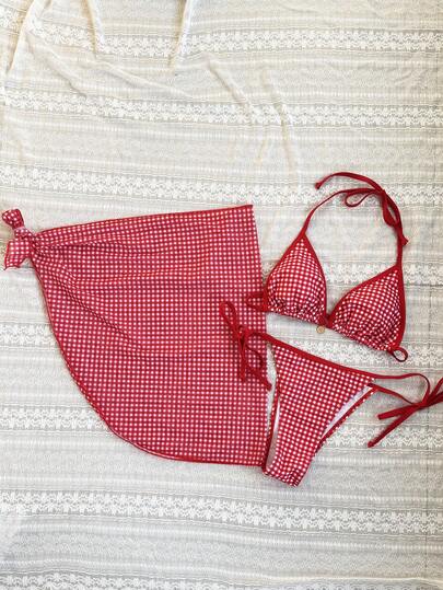 Swim Mod Women's Random Print Halter Metal Decor Mini Skirt 3-Piece Bikini Set, Spring/Summer