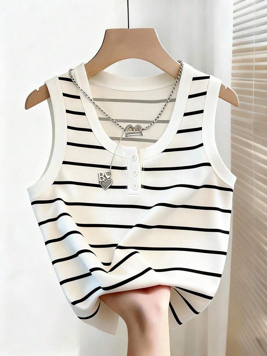Franclia 休闲条纹圆领背心，夏季百搭 - 白色 - 查看 1