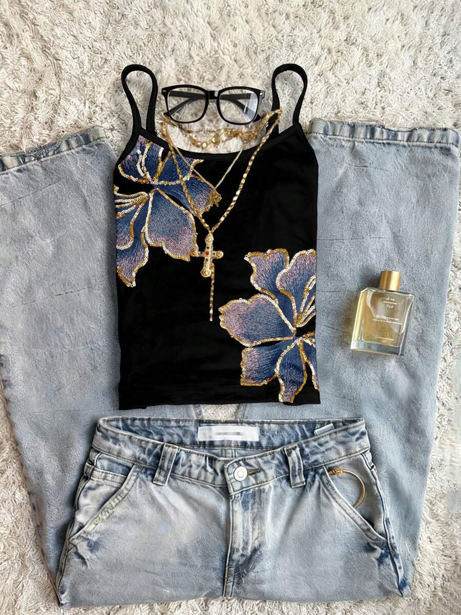 Glimmora Y2K Vintage Hibiscus Floral Print Graphic Strap Sleeveless Tank Top Summer Party Going Out Top - Multicolor - View 1