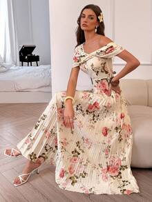 SHEIN Elenzya 不对称肩部褶皱A字印花优雅浪漫女式连衣裙 - 彩色 - 查看 6
