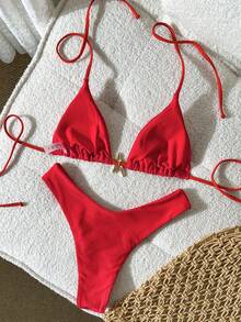 Swim Mod Conjunto de bikini de mujer con tirantes finos, decoración metálica y unicolor, para el verano - Rojo - Ver 2