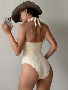 Swim SXY 女士纹理花卉装饰连体泳衣，挂脖式性感优雅沙滩度假风 - 米色 - 查看 2