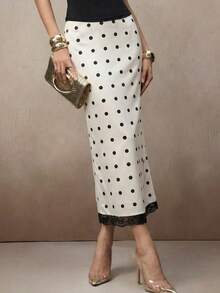 NOVVYNE Ladies' Black White Polka Dot,Autumn,Elegent,Party Lace Patchwork Midi Pencil Skirt,Casual Versatile White Polka Dot Lace Hem Skirt Summer Outfit - White - View 1