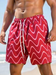 Manfinity Swimmode 男士波浪条纹印花抽绳腰带口袋沙滩短裤 男士配套泳裤 男士泳裤 男士沙滩装 男士泳裤短裤 男士泳裤，夏威夷红色泳裤 男士沙滩短裤 红色男士泳裤 - 紅色 - 查看 3
