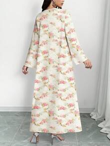 SHEIN Najma 玫瑰碎花V领长袖连衣裙，女士波西米亚风碎花长裙，优雅阿拉伯服饰，适合春夏度假和日常穿着 - 彩色 - 查看 2