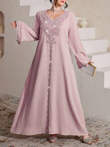 Al Najma Luxurious Embroidered & Beaded Loose Long Sleeve Split Maxi Dress, Turkish & Arabic Traditional Style - Purple - View 1