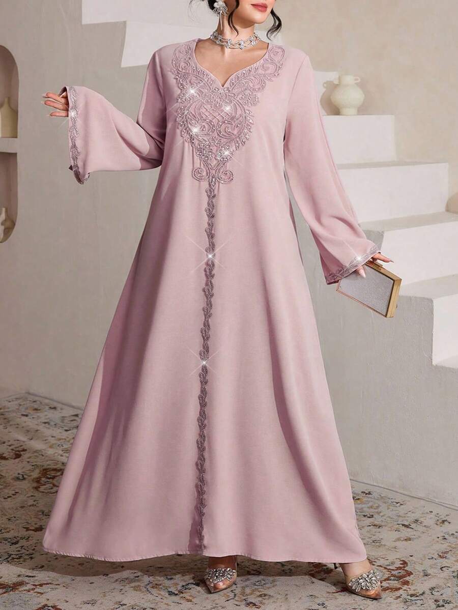 Al Najma Luxurious Embroidered & Beaded Loose Long Sleeve Split Maxi Dress, Turkish & Arabic Traditional Style - Purple - View 1