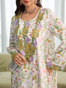 Al Najma Elegant Floral Print Embroidered Ruffle Trim Long Sleeve Loose Flared Robe For Women - Multicolor - View 2