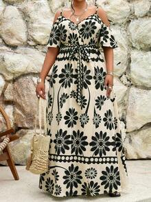 SHEIN Lady 春夏优雅通勤办公休闲波西米亚风休闲外出彩色针织吊带蓬蓬裙腰带吊带连衣裙长款短袖大码连衣裙 - 黑色 - 查看 3