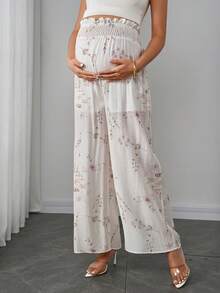 Momance Pantalones anchos de maternidad con estampado floral plisado, versátiles y casuales para uso diario - Albaricoque - Ver 4