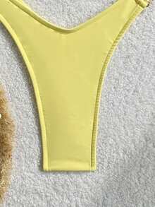 Swim Mod Solid Color Triangle Bikini Halter Tie Swimwear, Sexy Separates Set For Summer - Yellow - View 7