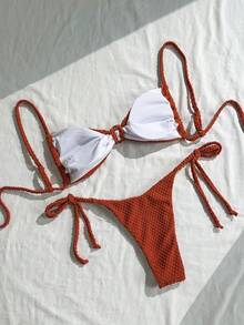 Swim Vcay Women's Summer Beach Outfits, Solid Color Jacquard Fabric Spaghetti Strap Sexy Bikini Set With Shell & Metal Decor - Brown - View 2