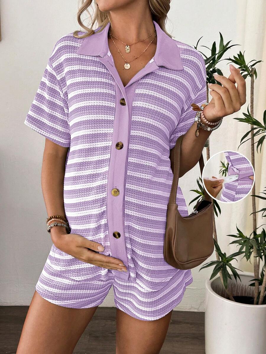 SHEIN 2pcs Maternity Set: Ombre Striped Shirt With Elastic Waist Drawstring Shorts - Mauve Purple - View 1