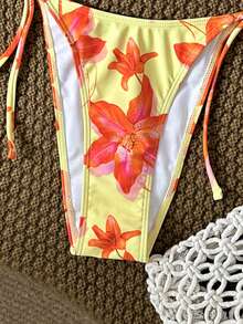 Swim Vcay 女士泳装套装，花卉印花系带镂空向日葵设计，两件套夏季度假沙滩装 - 彩色 - 查看 3