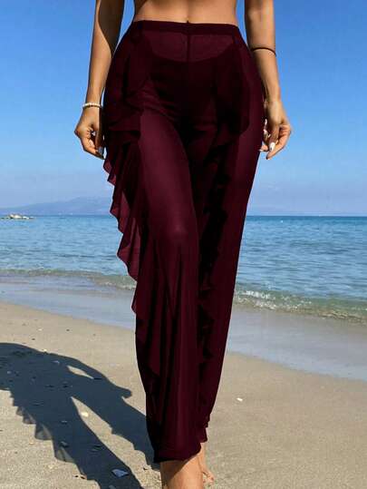 Swim Vcay Conjunto de pantalones y cubrecuerpo transparente con volantes para mujer, conjunto de playa, pantalones de yoga, atuendo de playa para mujer, pantalones para vacaciones en Grecia, cubrecuerpo para traje de baño de mujer
