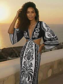 CAJUNI 女士菠萝印花露腰深V领长袖性感时尚连衣裙，度假款 - 黑與白 - 查看 1