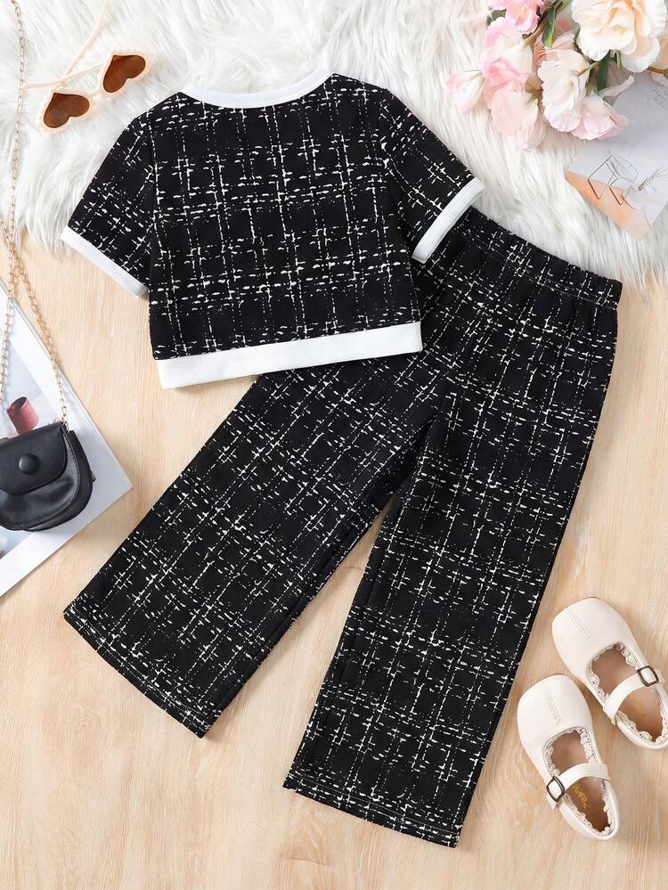 Firerie Kids Firerie Kids 2pcs/Set Young Girl Casual Formal Elegant Back To School Black & White Contrast Pearl Button Blouse & Straight Leg Color Block Pants, Back To School Season, Young Lady Outfit - Black - View 4