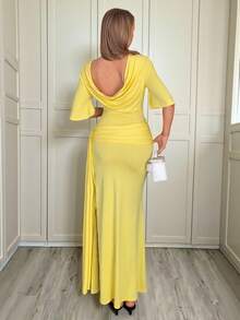 Siren Gaze 女士黄色蝙蝠袖露背连衣裙 - 鵝黃色 - 查看 2