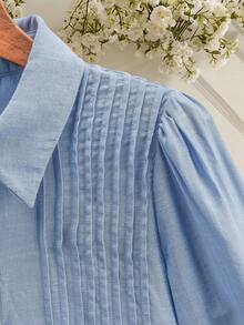 SHEIN Lacomfia Loose Fit Blue Puff Sleeve Shirt With Front Center Stripe - Blue - View 3