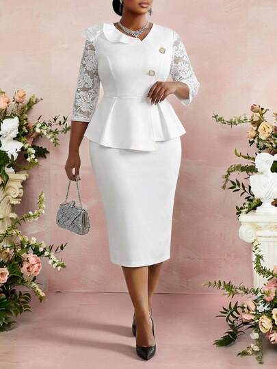 Fleurora 大码优雅派对纯色蕾丝拼接上衣和半裙两件套