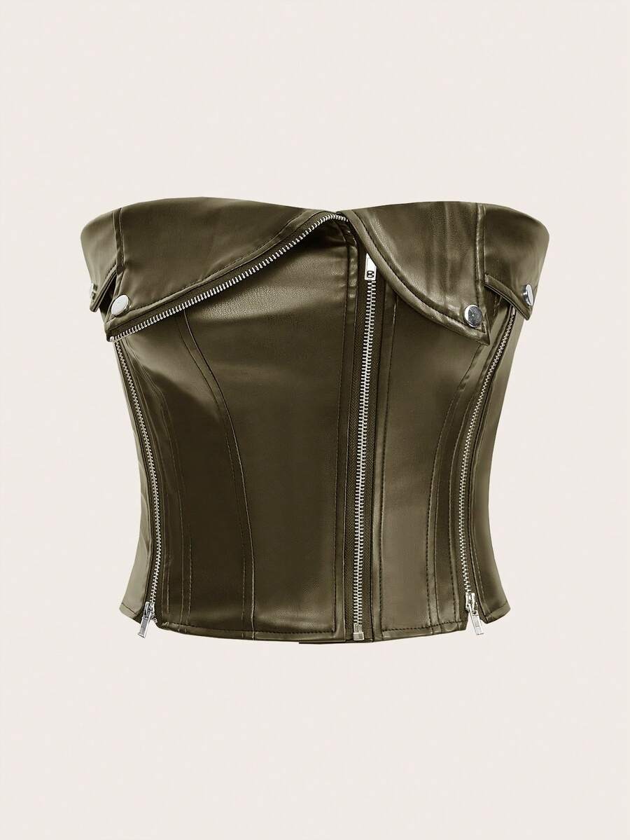 Chiquease Fashion Zipper Decorated Pu Strapless Top - Olive Green - View 1