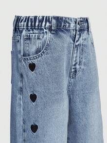 女童新款时尚甜心刺绣直筒宽松牛仔裤 - 深色水洗藍 - 查看 6