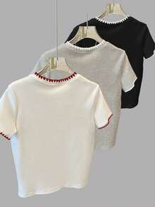 Camiseta de cuello redondo de manga corta acanalada y casual para mujer, de verano - Multicolor - Ver 2