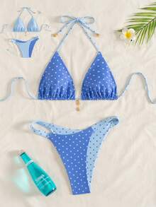 Swim Mod Women's Summer New Contrast Color Polka Dot Print Reversible Halter Tie Back Sexy Bikini Set, Suitable For Beach Vacation - Multicolor - View 6