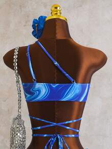 Zestiva 2026新款女士夏季沙滩度假蓝色抽象印花露背系带比基尼三件套泳装 - 藍色 - 查看 7