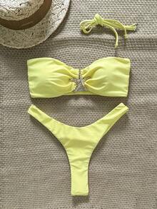 Swim Mod Conjunto de bikini sexy con tirantes finos, decoración de estrella de mar y unicolor para mujer, verano - Amarillo - Ver 3
