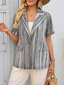 EMERY ROSE Women's Casual Commuter Striped Lapel Short Sleeve Thin Blazer Jacket, Summer - Grey - View 4