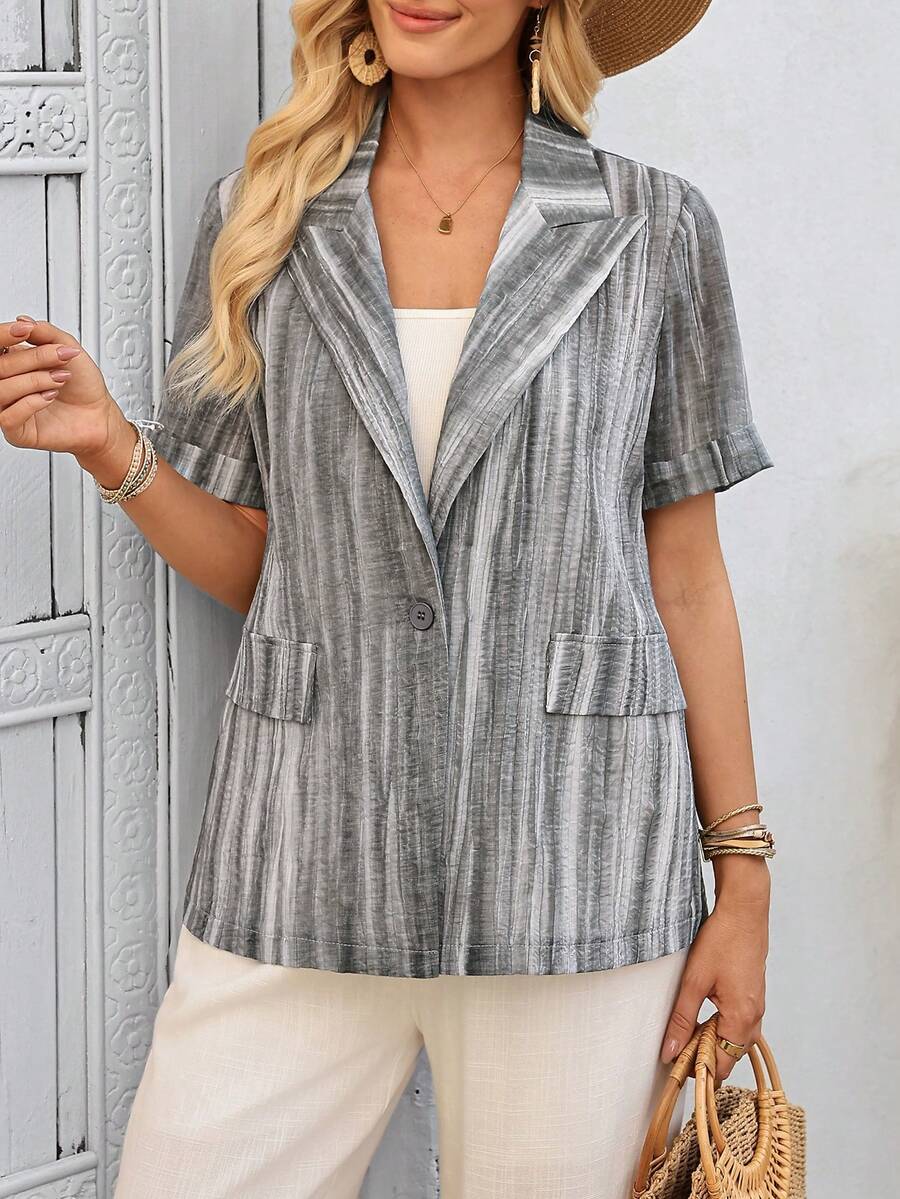 EMERY ROSE Women's Casual Commuter Striped Lapel Short Sleeve Thin Blazer Jacket, Summer - Grey - View 1