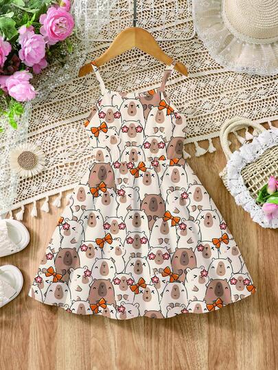 1pc Young Girl Cartoon Capybara Print Cami Dress, For School, Summer Vacation