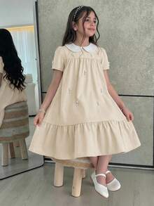 SHEIN Tween Girl Loose Elegant Peter Pan Collar Contrast Color Pearl Button Decor Dress Tween Girl - Apricot - View 3