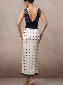 NOVVYNE Ladies' Black White Polka Dot,Autumn,Elegent,Party Lace Patchwork Midi Pencil Skirt,Casual Versatile White Polka Dot Lace Hem Skirt Summer Outfit - White - View 2
