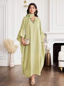 Al Najma Đầm dự tiệc cocktail thanh lịch, tay bồng, cổ chữ V, đính đá thủ công, thích hợp cho kỳ nghỉ. - Màu vàng - Xem 4