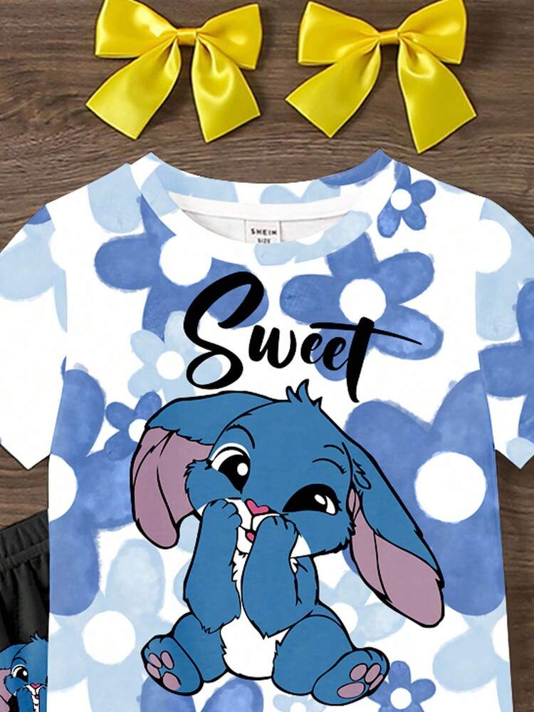 SHEIN Kawaii Cartoon Blue Rabbit Lulu & Stitch Pattern, Blue Ombre Floral, Young Girl Casual Minimalist Cartoon Round Neck Short Sleeve Top And Flare Pants Two Pieces Set, Suitable For Summer, Vacay Vibes, Sunny Journey, Casual Outfits Spring, Summer Getaway, Momentos En Familia, Cute Y2K Coconut Girl Boho Vacation Springbreak Brunch-Ready Baby Blue Girls Trip, Neon Beach Vibes, Bohemian Hippie Music Festival - Multicolor - View 5