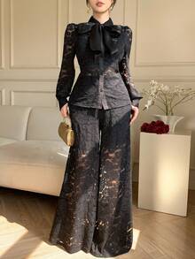 DAZY Elegant Black Floral Autumn Party 2-Piece Outfit,Flocked Ditsy Floral Chiffon Blouse Cardigan & Straight Leg Lace Pants Set,Formal Wedding Occasion - Black - View 7