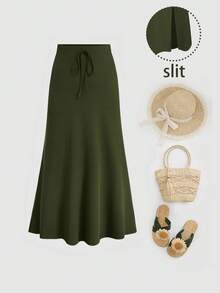 EMERY ROSE 大码A字裙，针织修身开衩裙摆半身裙 - 軍綠色 - 查看 1