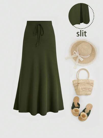 EMERY ROSE Plus Size A-Line Skirt, Knit Bodycon Slit Hem Skirt