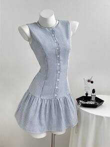 Elamini 女士蓝色条纹无袖收腰迷你连衣裙，休闲百搭，适合海滩度假 - 藍色 - 查看 6
