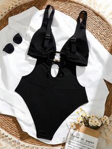 Bonvoyette 女士夏季沙滩度假黑色罗纹面料深V领镂空露背系带泳衣 - 黑色 - 查看 2