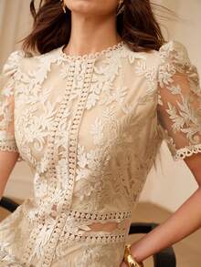 ZEYLAH Floral Embroidery Elegant Puff Sleeve Midi Waist Dress, Suitable For Daily Wear And Dates, Spring/Summer - Champagne - View 2