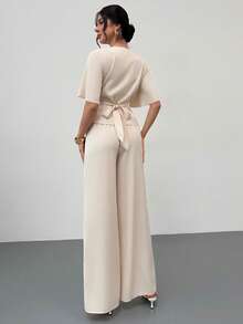 Firerie Women's New Niche Design Elegant Business Casual Commute Versatile Surplice V-Neck Flutter Sleeve Belted Top And Elastic Waist Wide Leg Pants Set - Apricot - View 10
