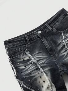 ROMWE MEN Street Life Men's Rivet Decor Layered Frayed Hem Casual Jeans - Grey - View 4