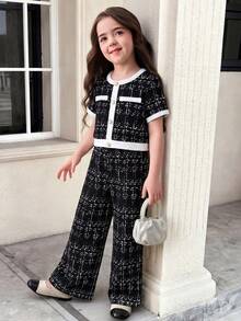Firerie Kids Firerie Kids 两件套少女休闲正式优雅返校套装，黑白撞色珍珠纽扣衬衫搭配直筒撞色长裤，返校季少女装 - 黑色 - 查看 7