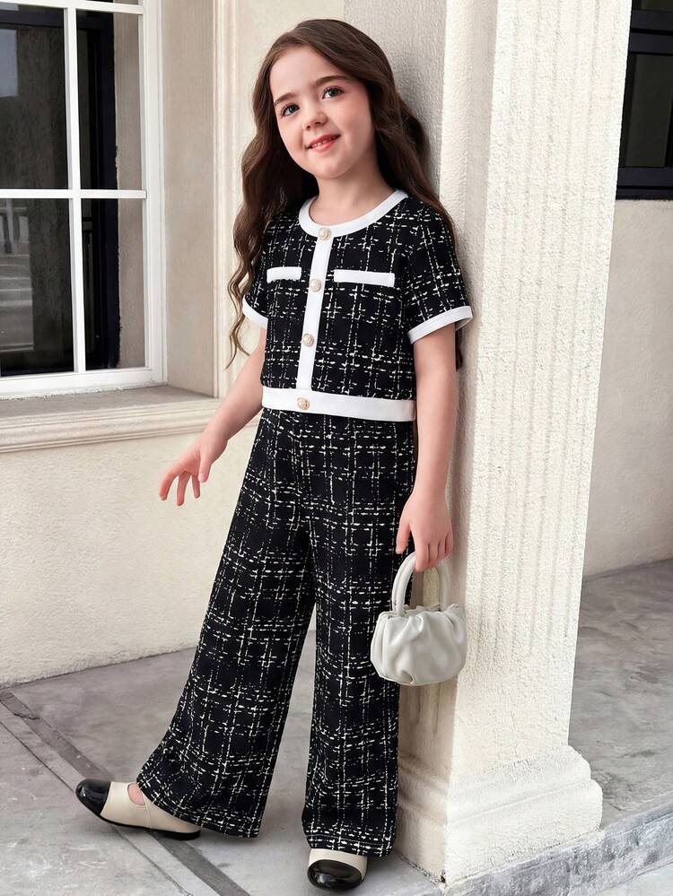 Firerie Kids Firerie Kids 2pcs/Set Young Girl Casual Formal Elegant Back To School Black & White Contrast Pearl Button Blouse & Straight Leg Color Block Pants, Back To School Season, Young Lady Outfit - Black - View 7